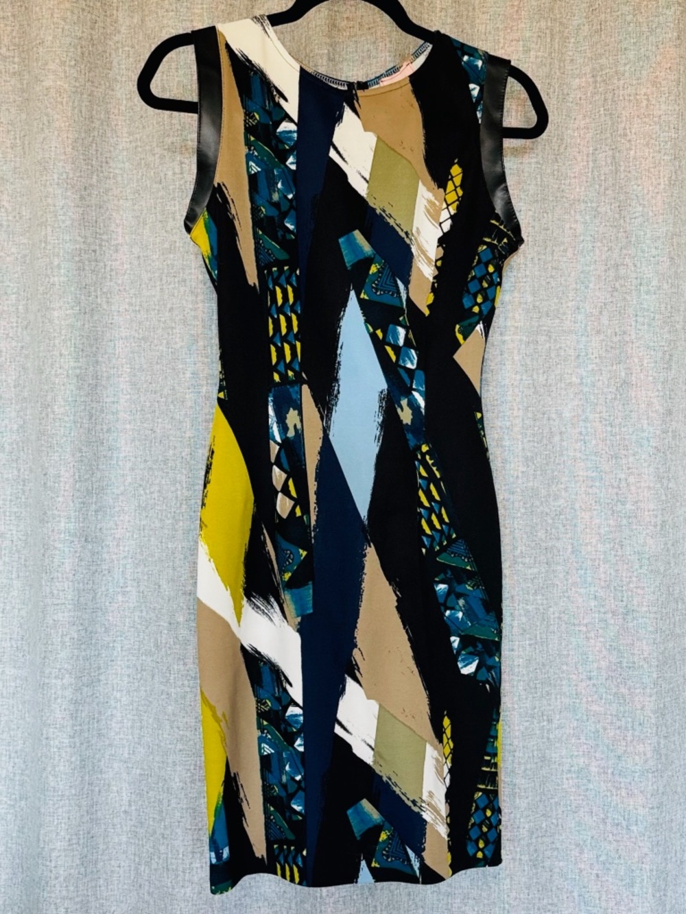 Love...Ady Dress Womens S Bodycon Sleeveless Abstract Print Faux Leather Trim